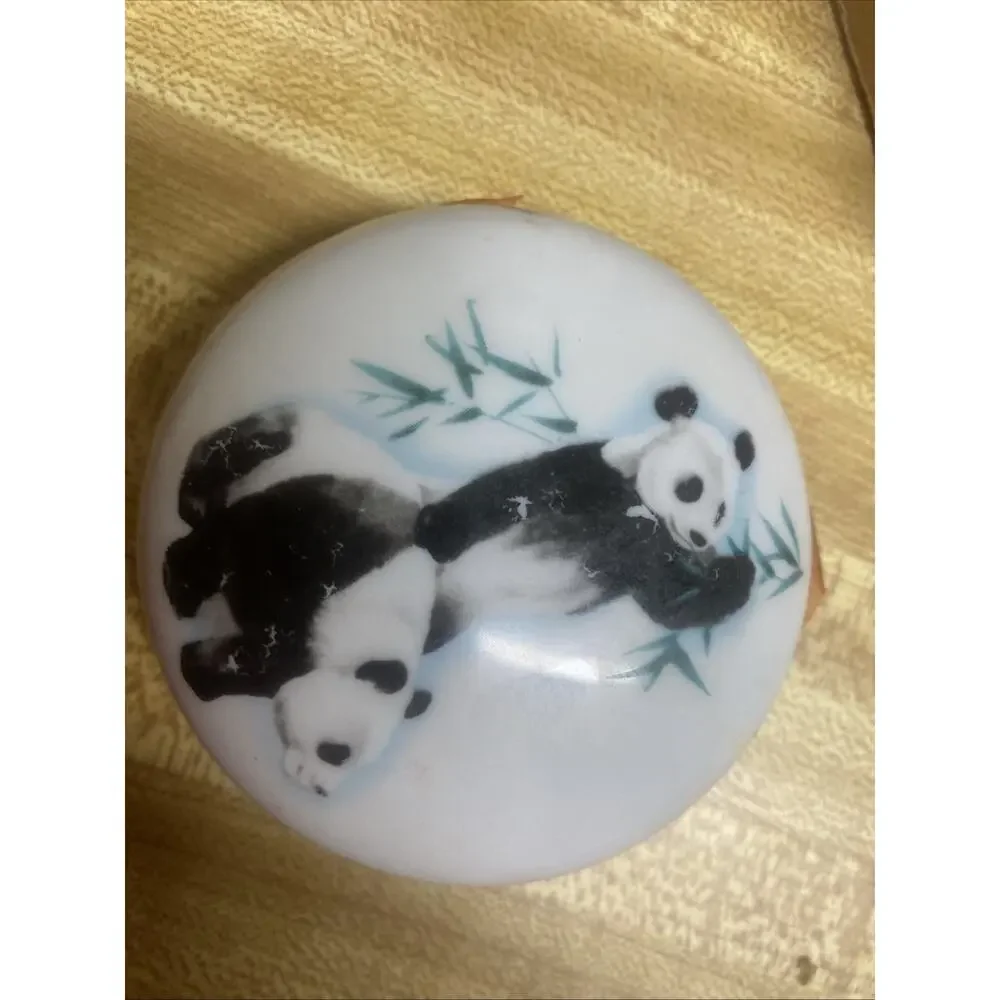 Vintage Hand Painted Japanese Panda Theme Porcelain Cosmetic Vanity Jar